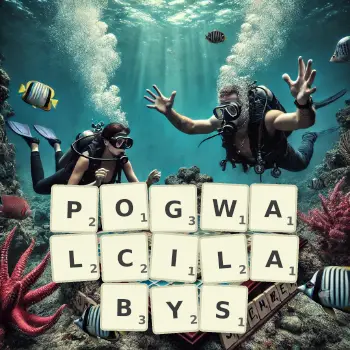 Kreatywna ilustracja do gry w Scrabble ze słowem POGWALCILABYS ułożonym z płytek na planszy.