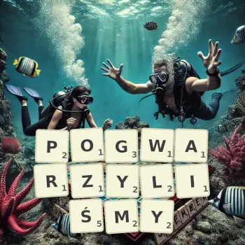 Kreatywna ilustracja do gry w Scrabble ze słowem POGWARZYLIŚMY ułożonym z płytek na planszy.