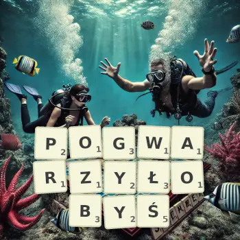 Kreatywna ilustracja do gry w Scrabble ze słowem POGWARZYŁOBYŚ ułożonym z płytek na planszy.