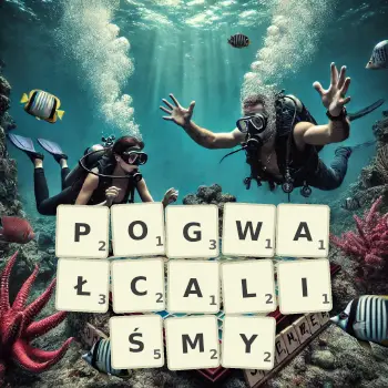 Kreatywna ilustracja do gry w Scrabble ze słowem POGWAŁCALIŚMY ułożonym z płytek na planszy.
