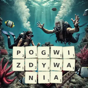 Kreatywna ilustracja do gry w Scrabble ze słowem POGWIZDYWANIA ułożonym z płytek na planszy.