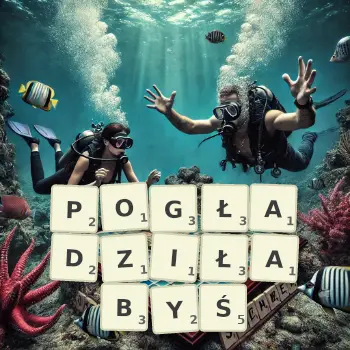 Kreatywna ilustracja do gry w Scrabble ze słowem POGŁADZIŁABYŚ ułożonym z płytek na planszy.