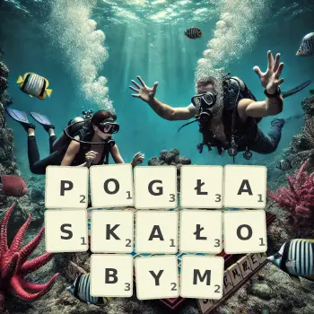 Kreatywna ilustracja do gry w Scrabble ze słowem POGŁASKAŁOBYM ułożonym z płytek na planszy.