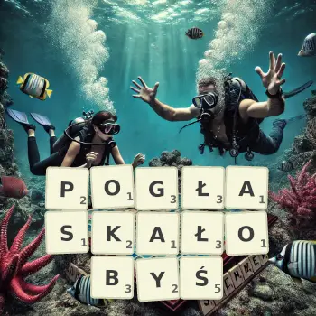 Kreatywna ilustracja do gry w Scrabble ze słowem POGŁASKAŁOBYŚ ułożonym z płytek na planszy.