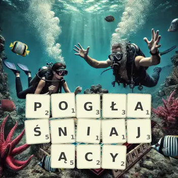 Kreatywna ilustracja do gry w Scrabble ze słowem POGŁAŚNIAJĄCY ułożonym z płytek na planszy.