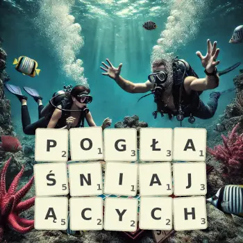 Kreatywna ilustracja do gry w Scrabble ze słowem POGŁAŚNIAJĄCYCH ułożonym z płytek na planszy.