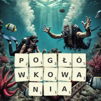 Kreatywna ilustracja do gry w Scrabble ze słowem POGŁÓWKOWANIA ułożonym z płytek na planszy.