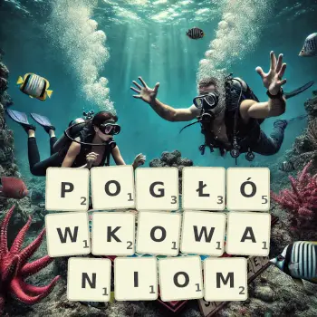 Kreatywna ilustracja do gry w Scrabble ze słowem POGŁÓWKOWANIOM ułożonym z płytek na planszy.