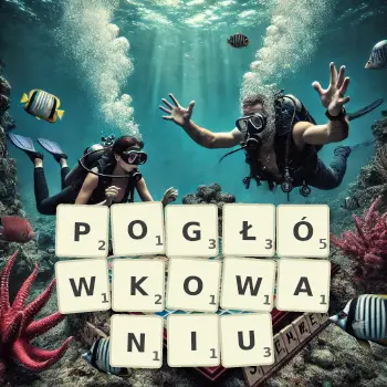 Kreatywna ilustracja do gry w Scrabble ze słowem POGŁÓWKOWANIU ułożonym z płytek na planszy.