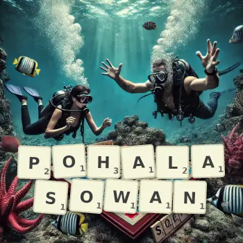 Kreatywna ilustracja do gry w Scrabble ze słowem POHALASOWAN ułożonym z płytek na planszy.