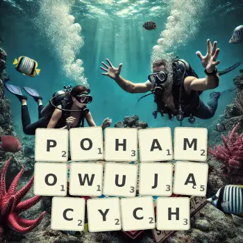 Kreatywna ilustracja do gry w Scrabble ze słowem POHAMOWUJĄCYCH ułożonym z płytek na planszy.