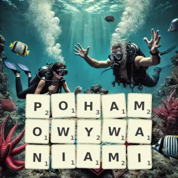 Kreatywna ilustracja do gry w Scrabble ze słowem POHAMOWYWANIAMI ułożonym z płytek na planszy.