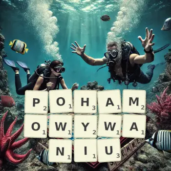 Kreatywna ilustracja do gry w Scrabble ze słowem POHAMOWYWANIU ułożonym z płytek na planszy.