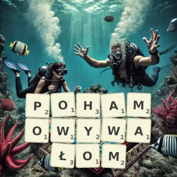 Kreatywna ilustracja do gry w Scrabble ze słowem POHAMOWYWAŁOM ułożonym z płytek na planszy.