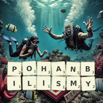 Kreatywna ilustracja do gry w Scrabble ze słowem POHANBILISMY ułożonym z płytek na planszy.