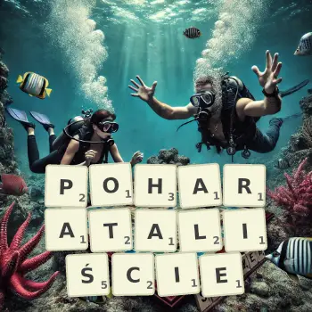 Kreatywna ilustracja do gry w Scrabble ze słowem POHARATALIŚCIE ułożonym z płytek na planszy.