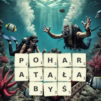 Kreatywna ilustracja do gry w Scrabble ze słowem POHARATAŁABYŚ ułożonym z płytek na planszy.