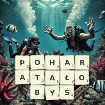 Kreatywna ilustracja do gry w Scrabble ze słowem POHARATAŁOBYŚ ułożonym z płytek na planszy.