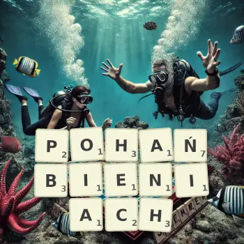 Kreatywna ilustracja do gry w Scrabble ze słowem POHAŃBIENIACH ułożonym z płytek na planszy.