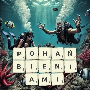 Kreatywna ilustracja do gry w Scrabble ze słowem POHAŃBIENIAMI ułożonym z płytek na planszy.