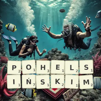 Kreatywna ilustracja do gry w Scrabble ze słowem POHELSIŃSKIM ułożonym z płytek na planszy.