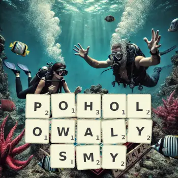 Kreatywna ilustracja do gry w Scrabble ze słowem POHOLOWALYSMY ułożonym z płytek na planszy.