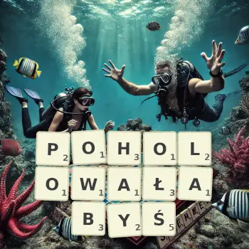 Kreatywna ilustracja do gry w Scrabble ze słowem POHOLOWAŁABYŚ ułożonym z płytek na planszy.