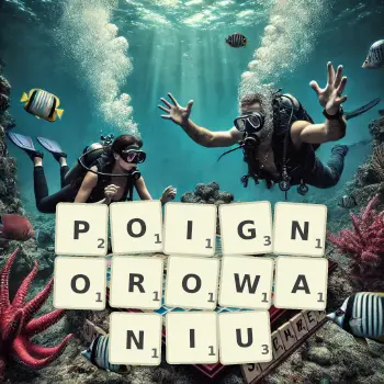 Kreatywna ilustracja do gry w Scrabble ze słowem POIGNOROWANIU ułożonym z płytek na planszy.