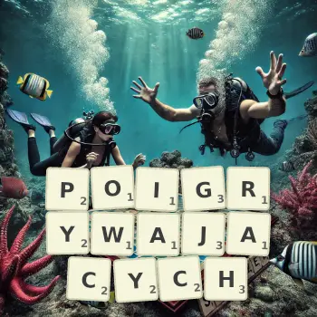 Kreatywna ilustracja do gry w Scrabble ze słowem POIGRYWAJACYCH ułożonym z płytek na planszy.