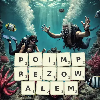 Kreatywna ilustracja do gry w Scrabble ze słowem POIMPREZOWALEM ułożonym z płytek na planszy.