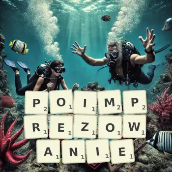Kreatywna ilustracja do gry w Scrabble ze słowem POIMPREZOWANIE ułożonym z płytek na planszy.