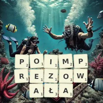 Kreatywna ilustracja do gry w Scrabble ze słowem POIMPREZOWAŁA ułożonym z płytek na planszy.
