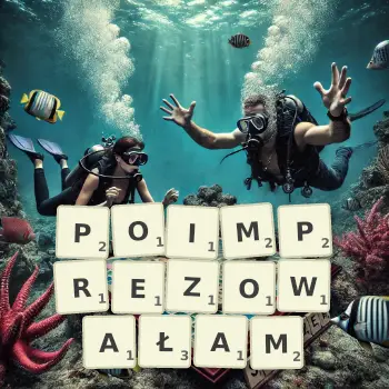 Kreatywna ilustracja do gry w Scrabble ze słowem POIMPREZOWAŁAM ułożonym z płytek na planszy.