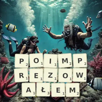 Kreatywna ilustracja do gry w Scrabble ze słowem POIMPREZOWAŁEM ułożonym z płytek na planszy.