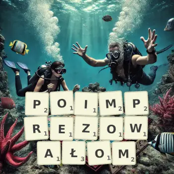 Kreatywna ilustracja do gry w Scrabble ze słowem POIMPREZOWAŁOM ułożonym z płytek na planszy.