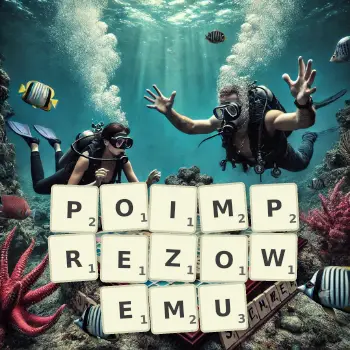Kreatywna ilustracja do gry w Scrabble ze słowem POIMPREZOWEMU ułożonym z płytek na planszy.