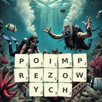 Kreatywna ilustracja do gry w Scrabble ze słowem POIMPREZOWYCH ułożonym z płytek na planszy.
