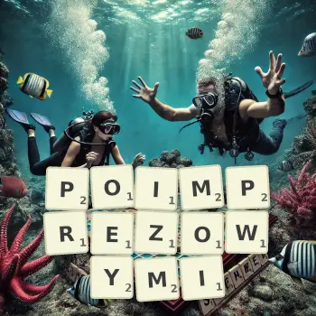 Kreatywna ilustracja do gry w Scrabble ze słowem POIMPREZOWYMI ułożonym z płytek na planszy.