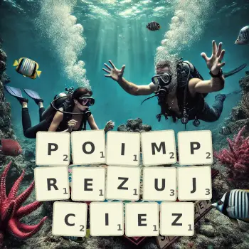 Kreatywna ilustracja do gry w Scrabble ze słowem POIMPREZUJCIEZ ułożonym z płytek na planszy.