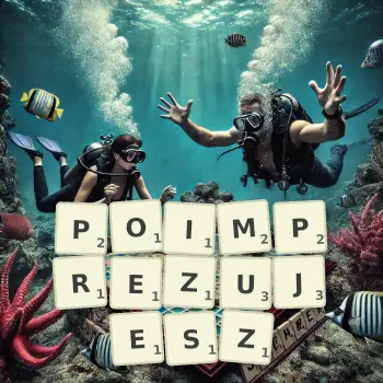 Kreatywna ilustracja do gry w Scrabble ze słowem POIMPREZUJESZ ułożonym z płytek na planszy.