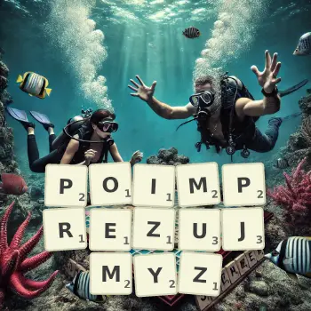 Kreatywna ilustracja do gry w Scrabble ze słowem POIMPREZUJMYZ ułożonym z płytek na planszy.