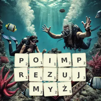 Kreatywna ilustracja do gry w Scrabble ze słowem POIMPREZUJMYŻ ułożonym z płytek na planszy.