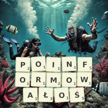 Kreatywna ilustracja do gry w Scrabble ze słowem POINFORMOWAŁOŚ ułożonym z płytek na planszy.