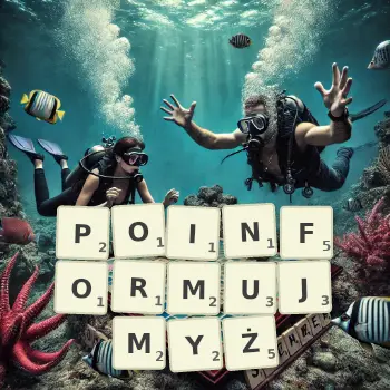 Kreatywna ilustracja do gry w Scrabble ze słowem POINFORMUJMYŻ ułożonym z płytek na planszy.