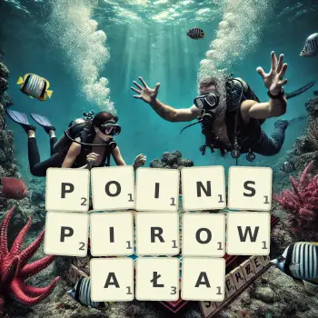 Kreatywna ilustracja do gry w Scrabble ze słowem POINSPIROWAŁA ułożonym z płytek na planszy.