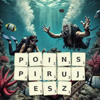 Kreatywna ilustracja do gry w Scrabble ze słowem POINSPIRUJESZ ułożonym z płytek na planszy.