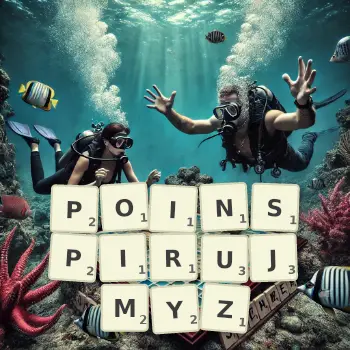 Kreatywna ilustracja do gry w Scrabble ze słowem POINSPIRUJMYZ ułożonym z płytek na planszy.