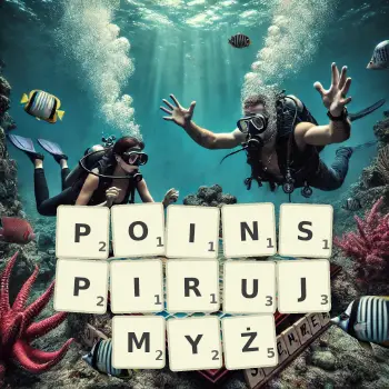 Kreatywna ilustracja do gry w Scrabble ze słowem POINSPIRUJMYŻ ułożonym z płytek na planszy.