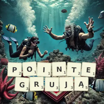 Kreatywna ilustracja do gry w Scrabble ze słowem POINTEGRUJĄ ułożonym z płytek na planszy.