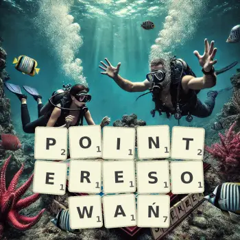 Kreatywna ilustracja do gry w Scrabble ze słowem POINTERESOWAŃ ułożonym z płytek na planszy.